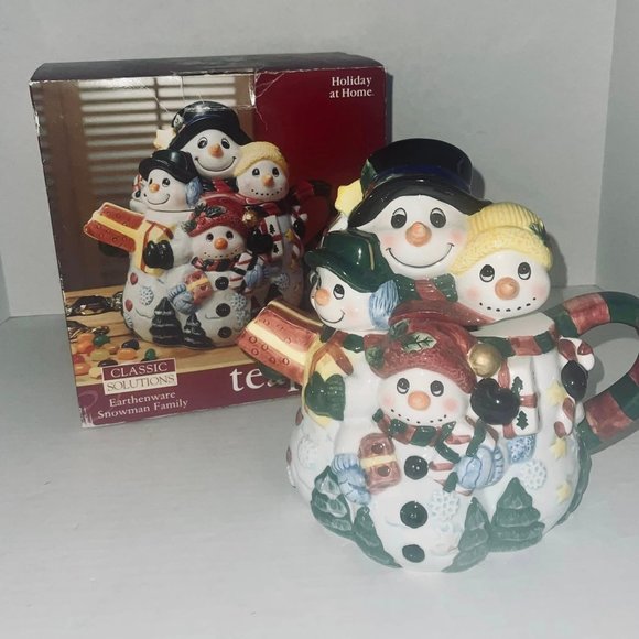 CHRISTMAS SNOWMAN TEAPOT HOLIDAY AT HOME EarthernWare NEW IN BOX.. - Picture 3 of 8